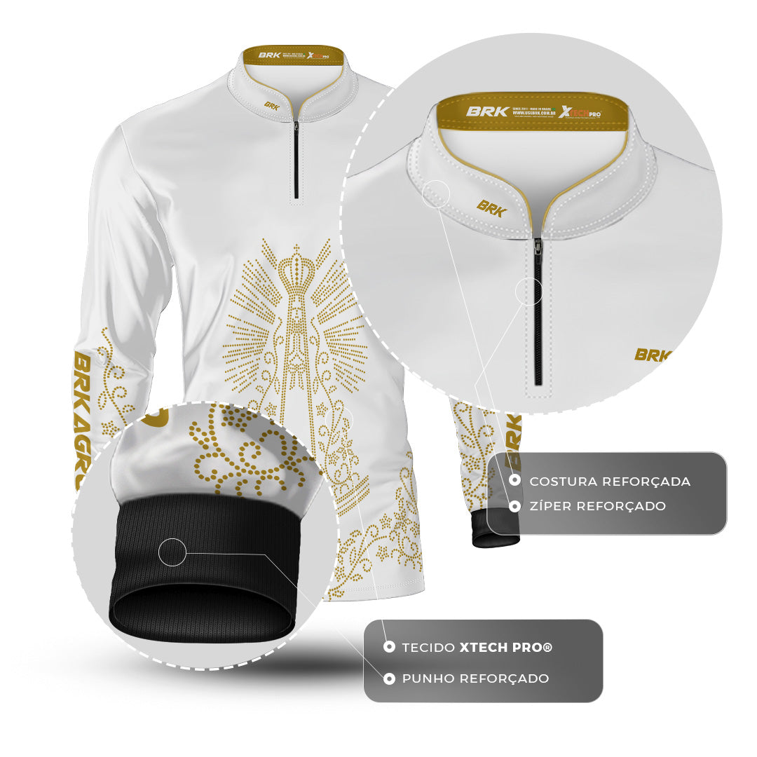 Camisa Agro Brk Nossa Senhora Strass Branca com Proteção Solar UV50+