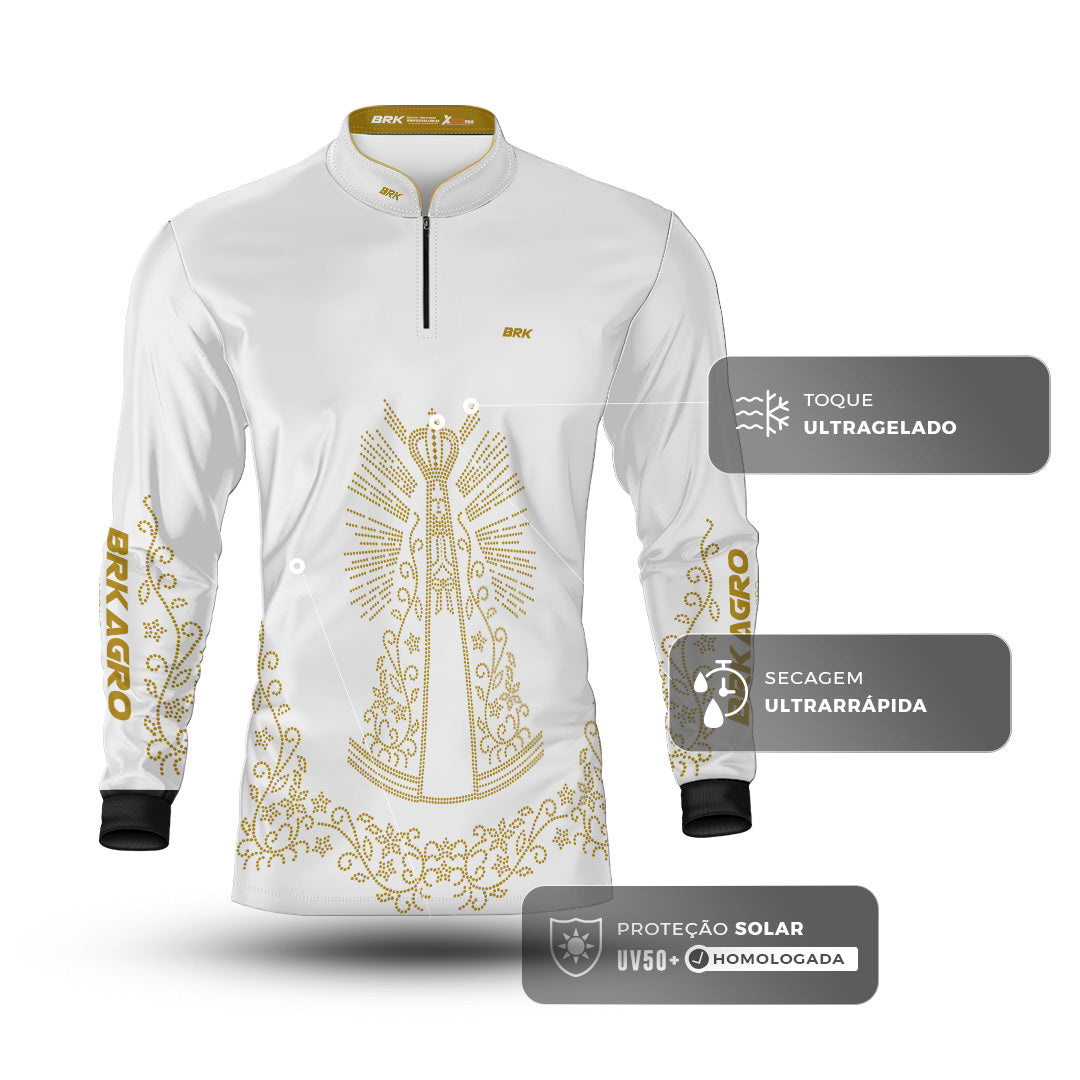 Camisa Agro Brk Nossa Senhora Strass Branca com Proteção Solar UV50+