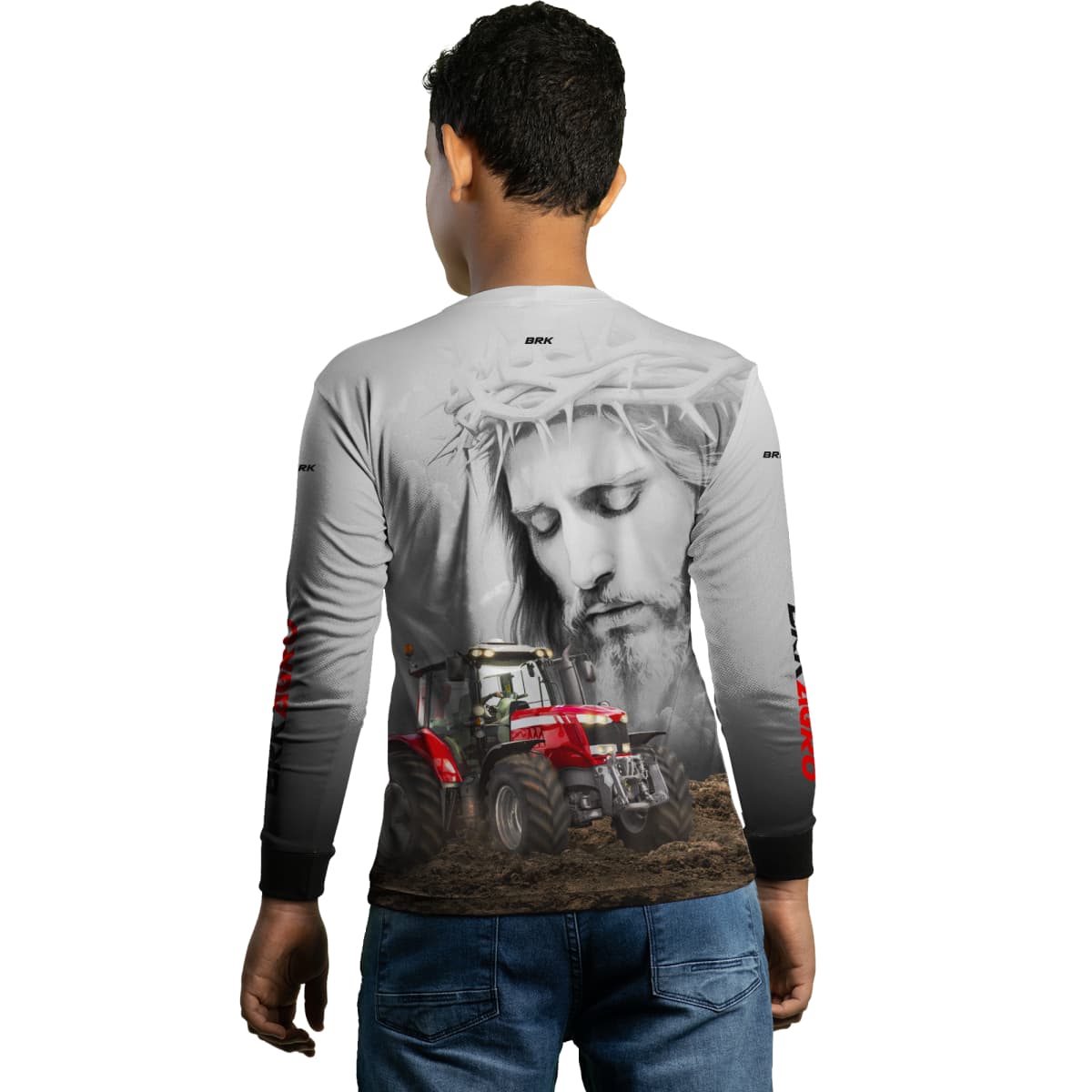 Camisa Agro Brk Branca Jesus Trator Vermelho com Proteção Solar UV50+ - Brk Agro