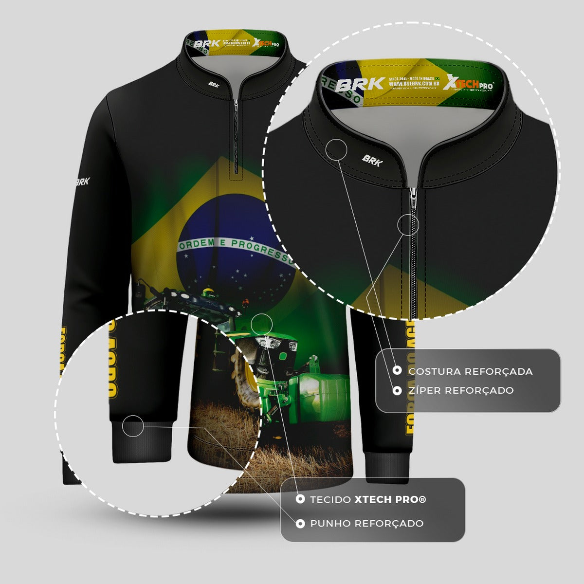 Camisa Infantil Agro Brk Trator Verde Brasil com Proteção Solar UV50+