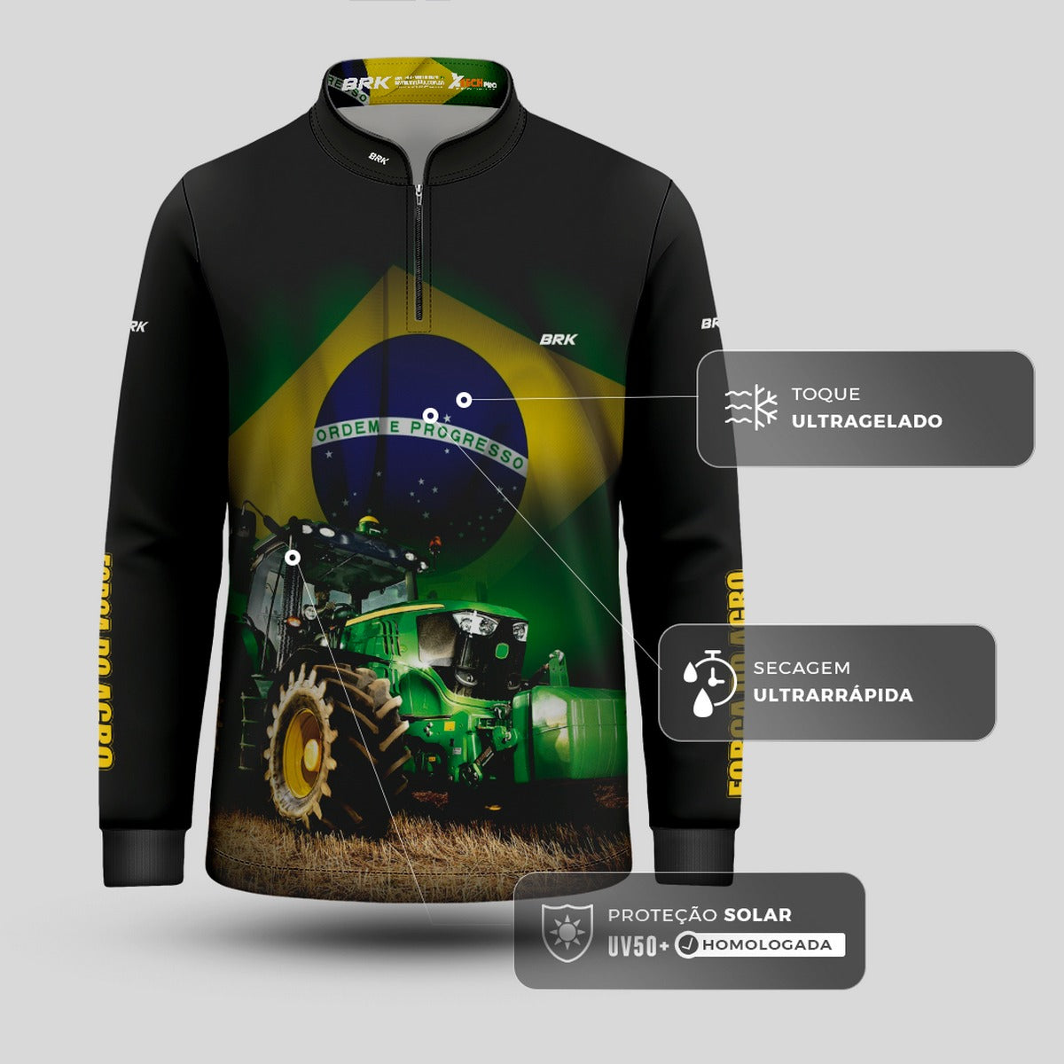 Camisa Infantil Agro Brk Trator Verde Brasil com Proteção Solar UV50+