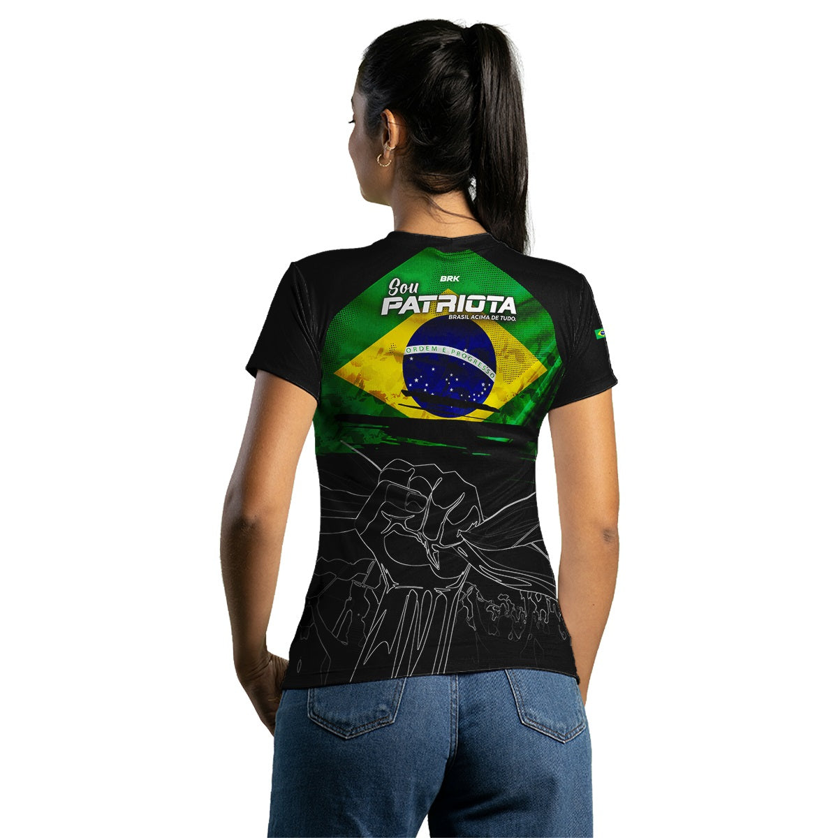 Camisa Agro Feminina Brk Brasil Patriota Preta com Proteção UV50+