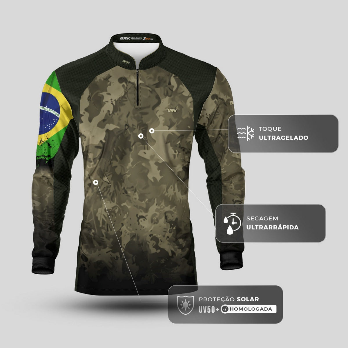 Camisa Agro Brk Camuflada Bandeira do Brasil com Proteção Solar UV50+ - Brk Agro
