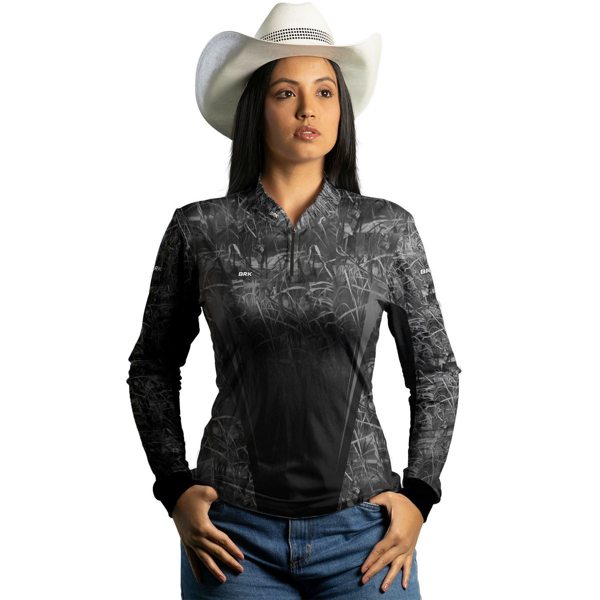 Camisa Agro Feminina Brk Camuflada Preto e Cinza com Proteção Solar UV50+ - Brk Agro