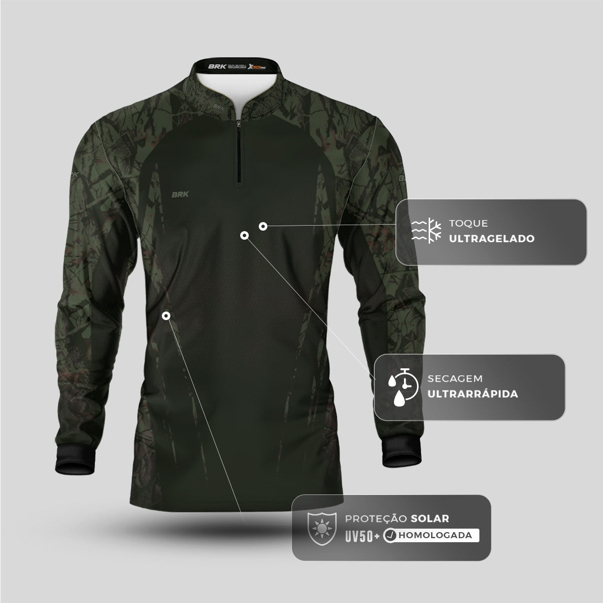 Camisa Agro Brk Camuflada Verde Militar com Proteção Solar UV50+ - Brk Agro