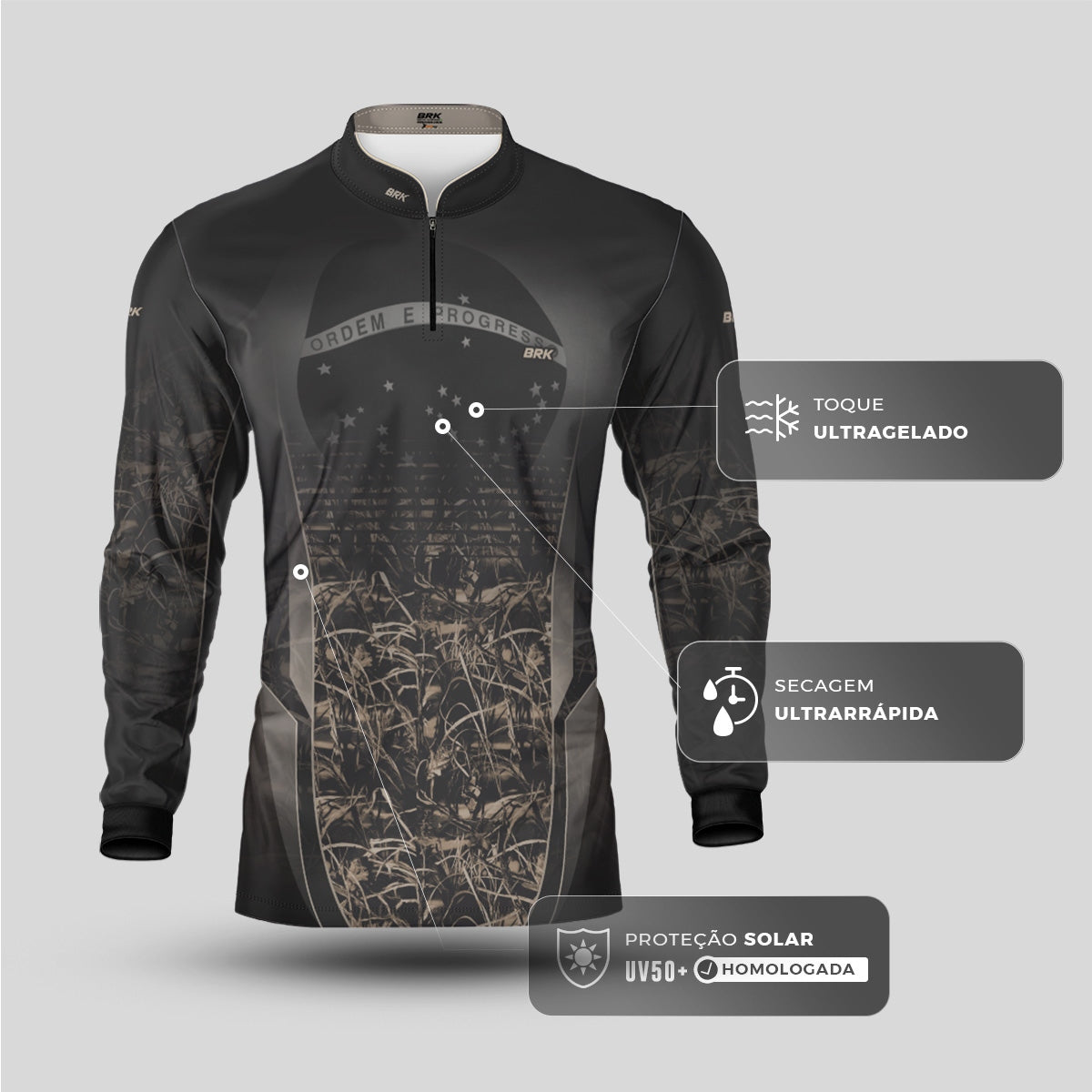 Camisa Agro Brk Camuflada Cinza com Bandeira do Brasil com Proteção Solar UV50+ - Brk Agro