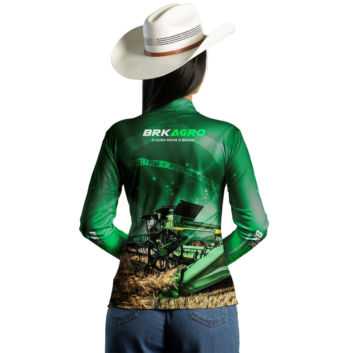Camisa Feminina Agro Brk o Agro Move o Brasil Colheitadeira com Proteção Solar UV50+ - Brk Agro