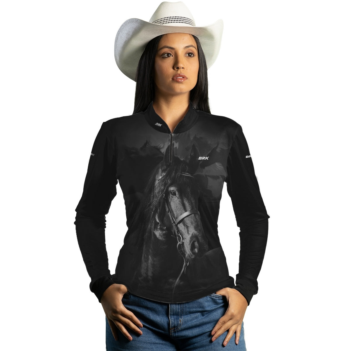 Camisa Feminina Agro Brk Cavalo Mangalarga Preta com Proteção Solar UV50+ - Brk Agro