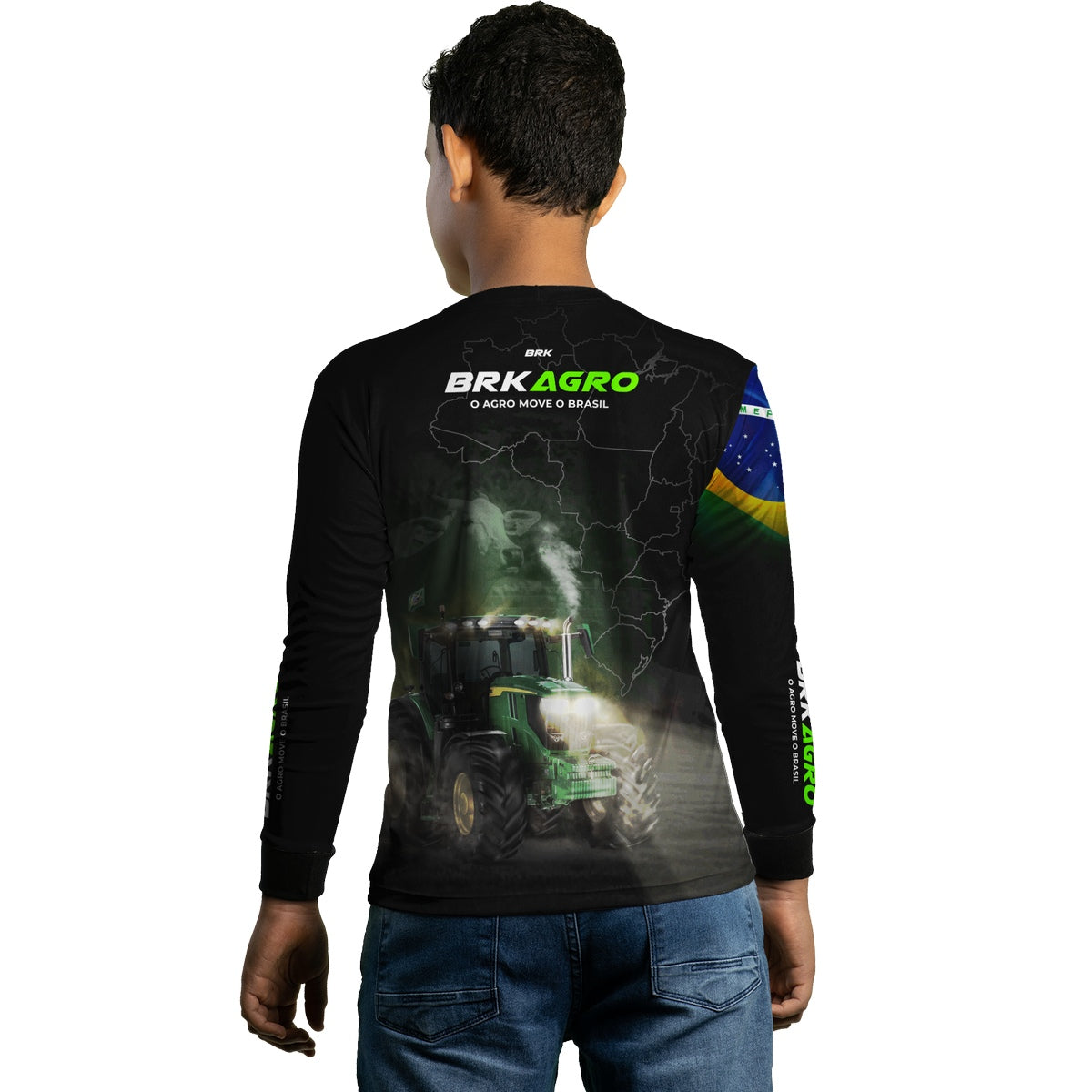 Camisa Infantil Agro Brk Preta O Agro Move o Brasil Trator com Proteção Solar UV50+ - Brk Agro