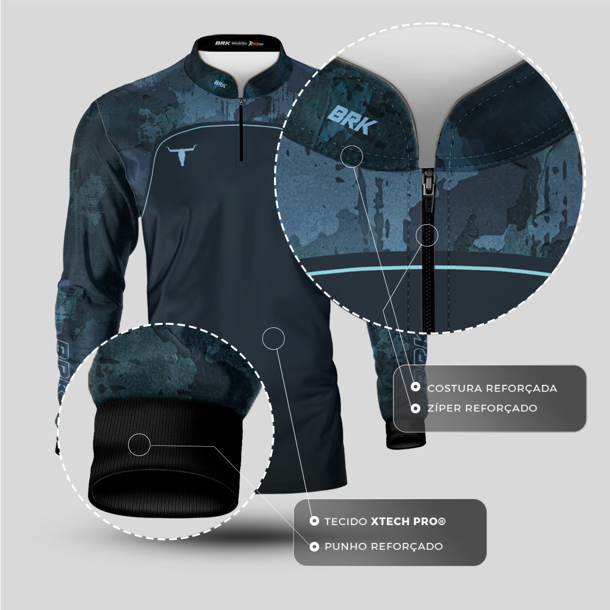 Camisa Agro Brk Camo Long Horn Brasil Azul com Proteção Solar UV50+ - Brk Agro