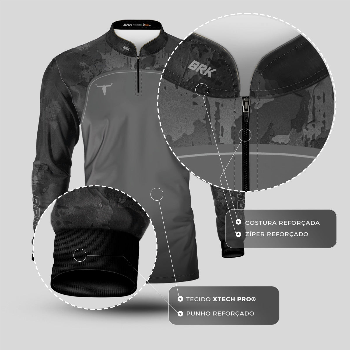 Camisa Agro Brk Camo Long Horn Brasil Cinza com Proteção Solar UV50+ - Brk Agro