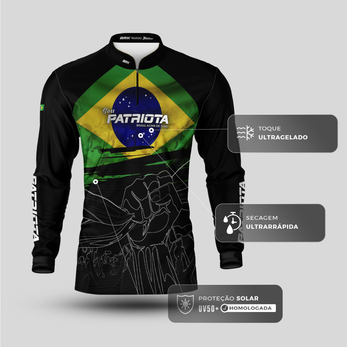 Camisa Agro Brk Básica Patriota Preta Bandeira do Brasil com Proteção UV50+ - Brk Agro