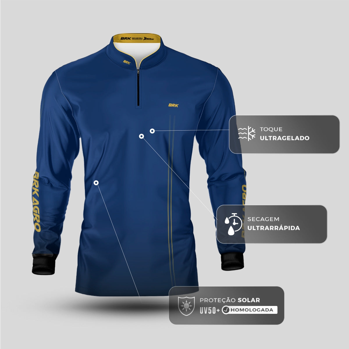 Camisa Agro Brk Básica Azul e Amarelo com Proteção Solar UV50+ - Brk Agro