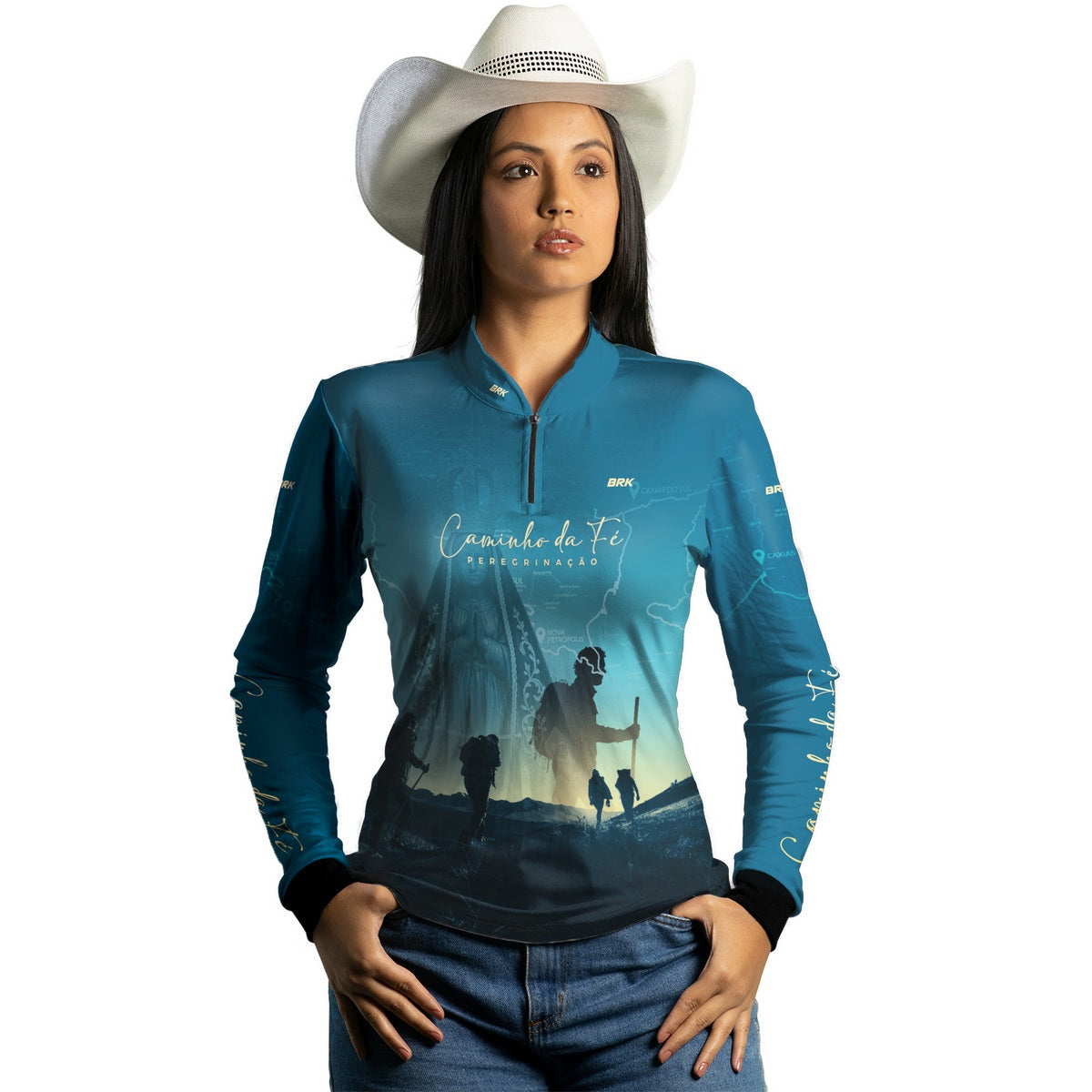 Camisa Feminina Brk Caminho da Fé Peregrinação Nossa Senhora com Proteção Solar UV50+