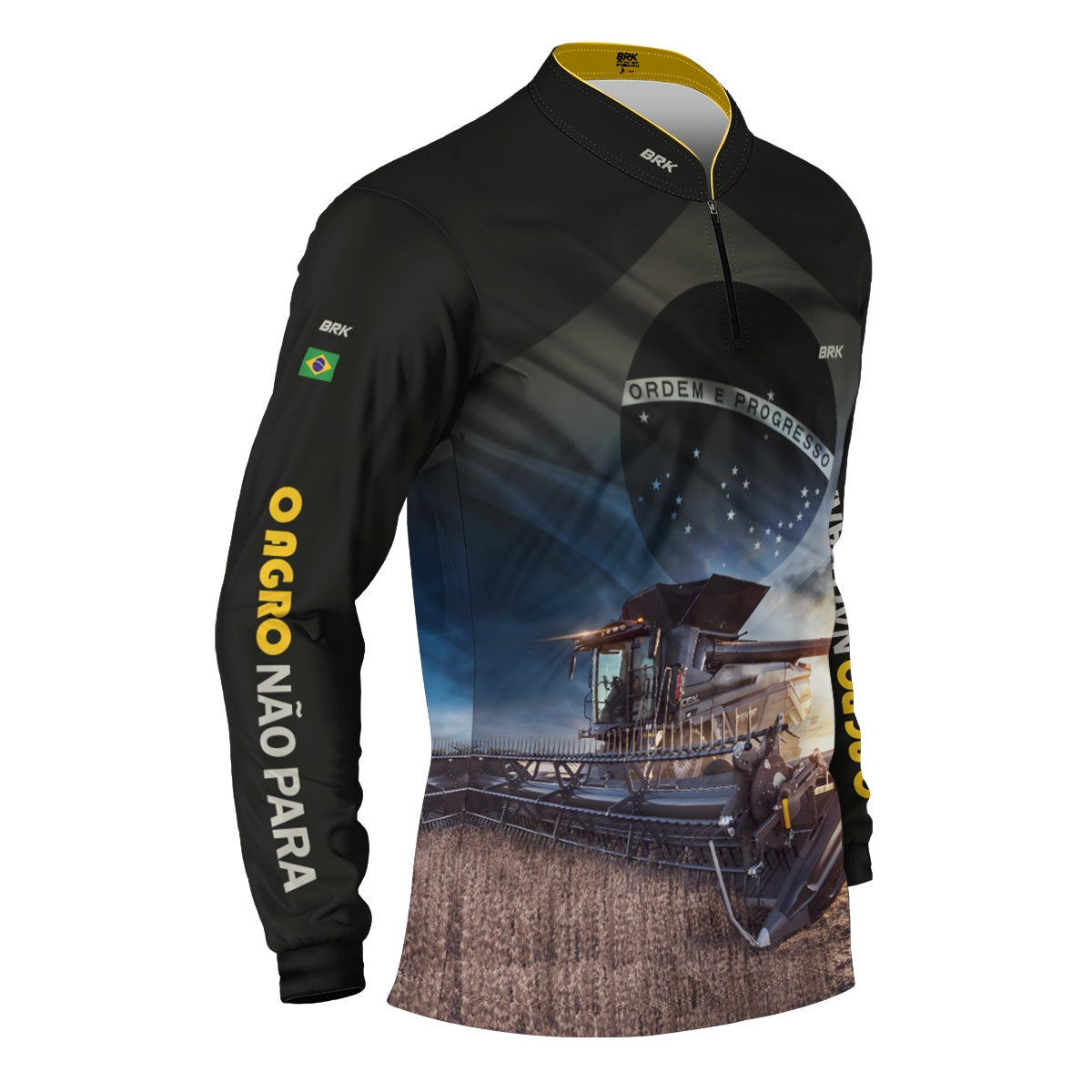 Camisa Agro Brk Preta Colheitadeira Bandeira do Brasil com Proteção Solar UV50+
