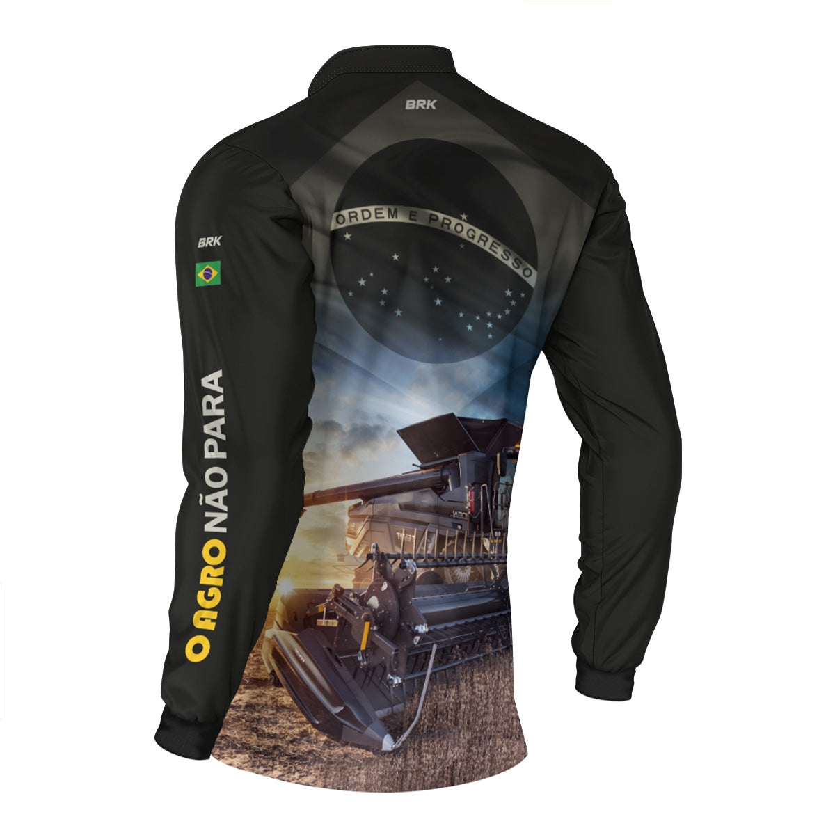 Camisa Agro Brk Preta Colheitadeira Bandeira do Brasil com Proteção Solar UV50+