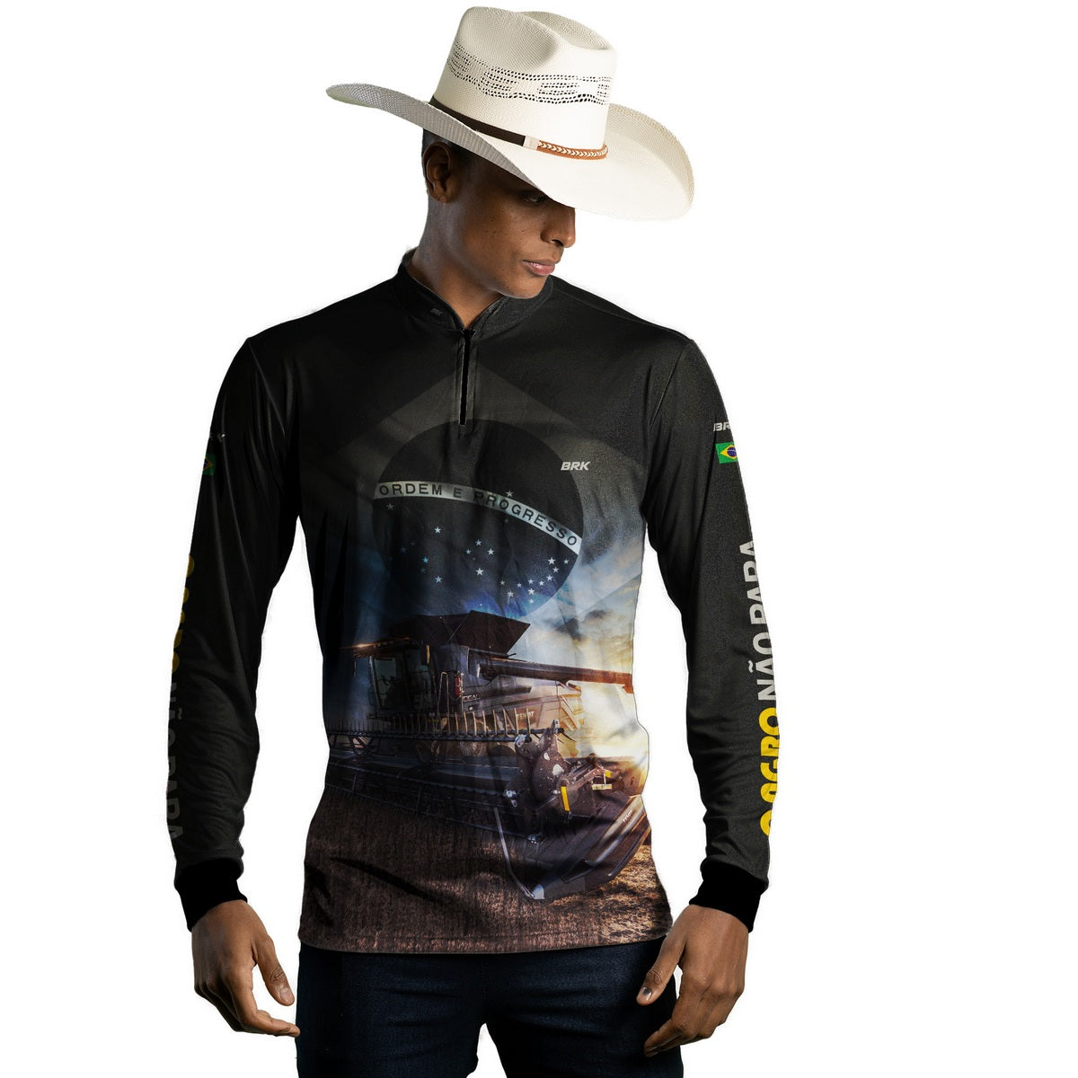 Camisa Agro Brk Preta Colheitadeira Bandeira do Brasil com Proteção Solar UV50+