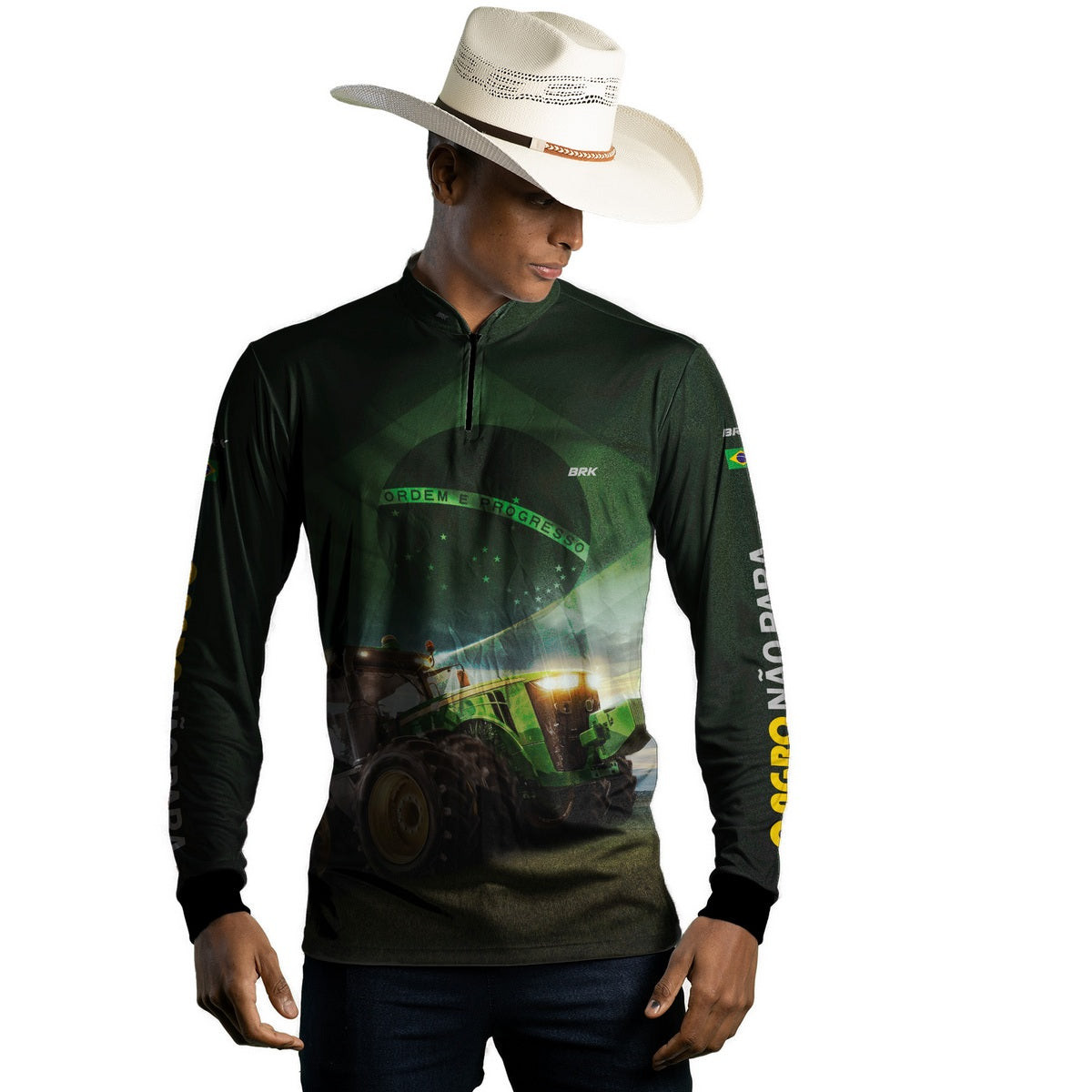 Camisa Agro Brk Verde Trator Bandeira do Brasil com Proteção Solar UV50+