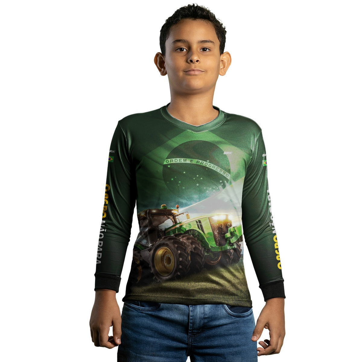 Camisa Agro Brk Verde Trator Bandeira do Brasil com Proteção Solar UV50+