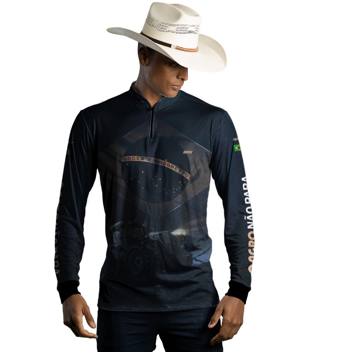 Camisa Agro Brk Azul Trator Bandeira do Brasil com Proteção Solar UV50+