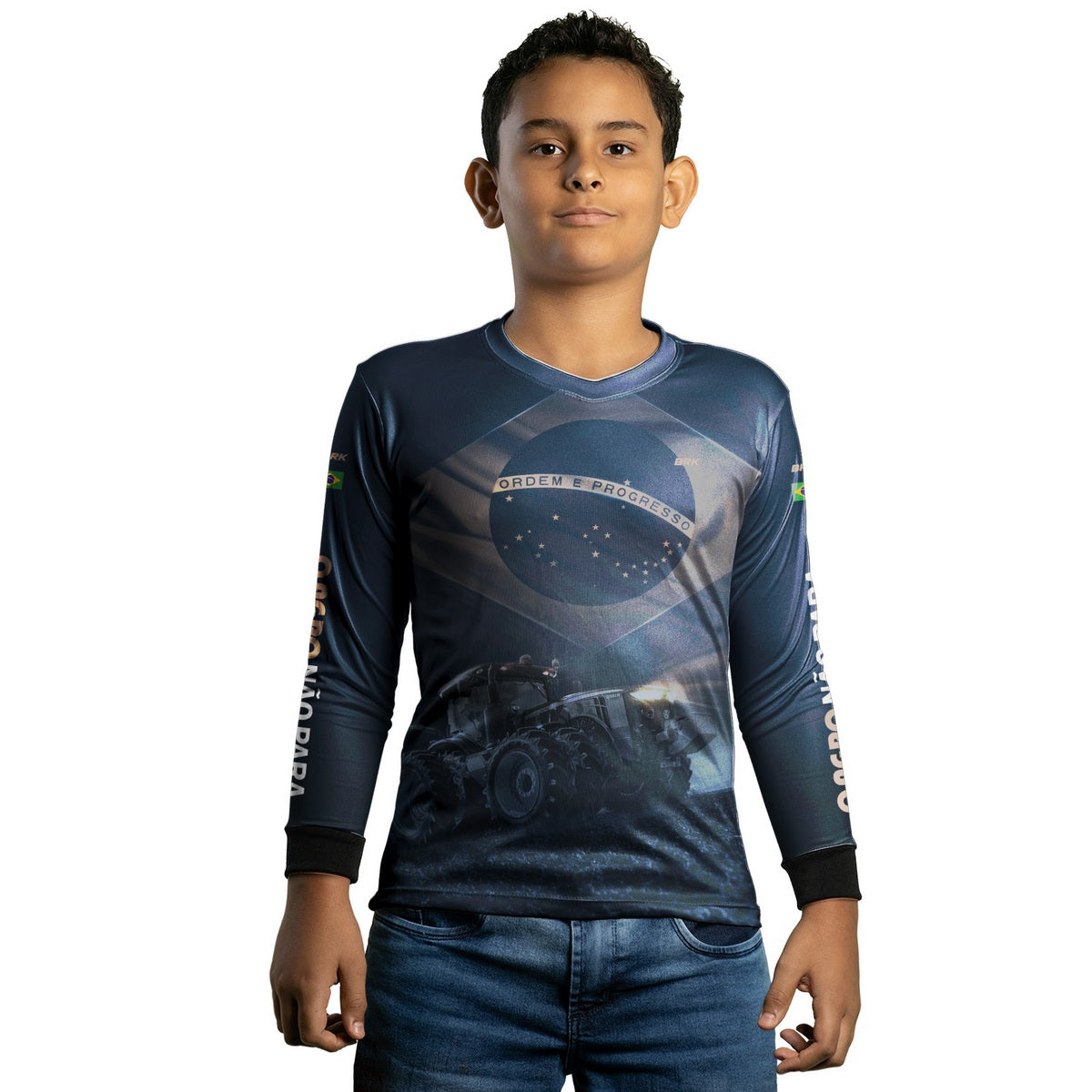 Camisa Agro Brk Azul Trator Bandeira do Brasil com Proteção Solar UV50+