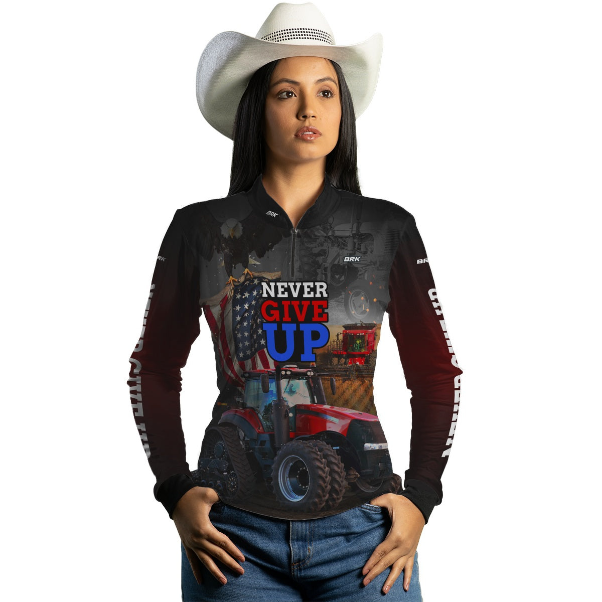Camisa Agro Feminina Brk Vermelho EUA Never Give Up com UV50+ - Brk Agro