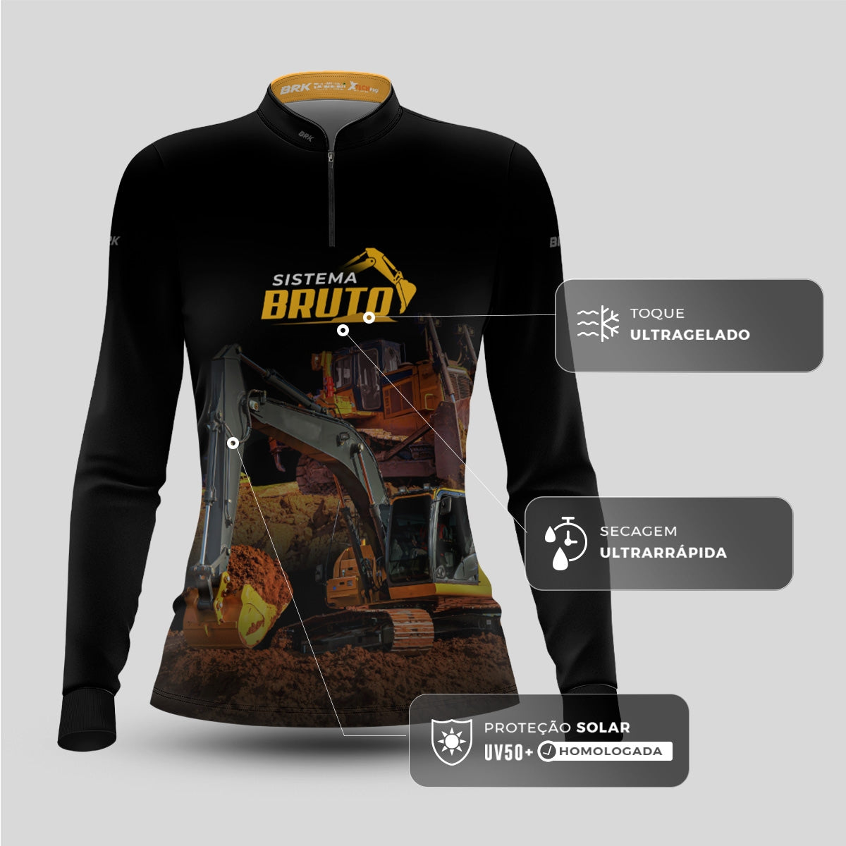 Camisa Máquina Pesada Feminina Brk Preta Sistema Bruto Escavadeira com UV50+ - Brk Agro