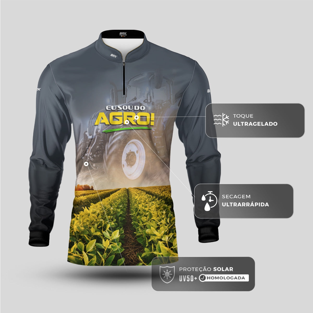 Camisa Agro Brk Eu Sou do Agro Colheita e Trator Cinza com Proteção UV50 - Envio Imediato - Brk Agro