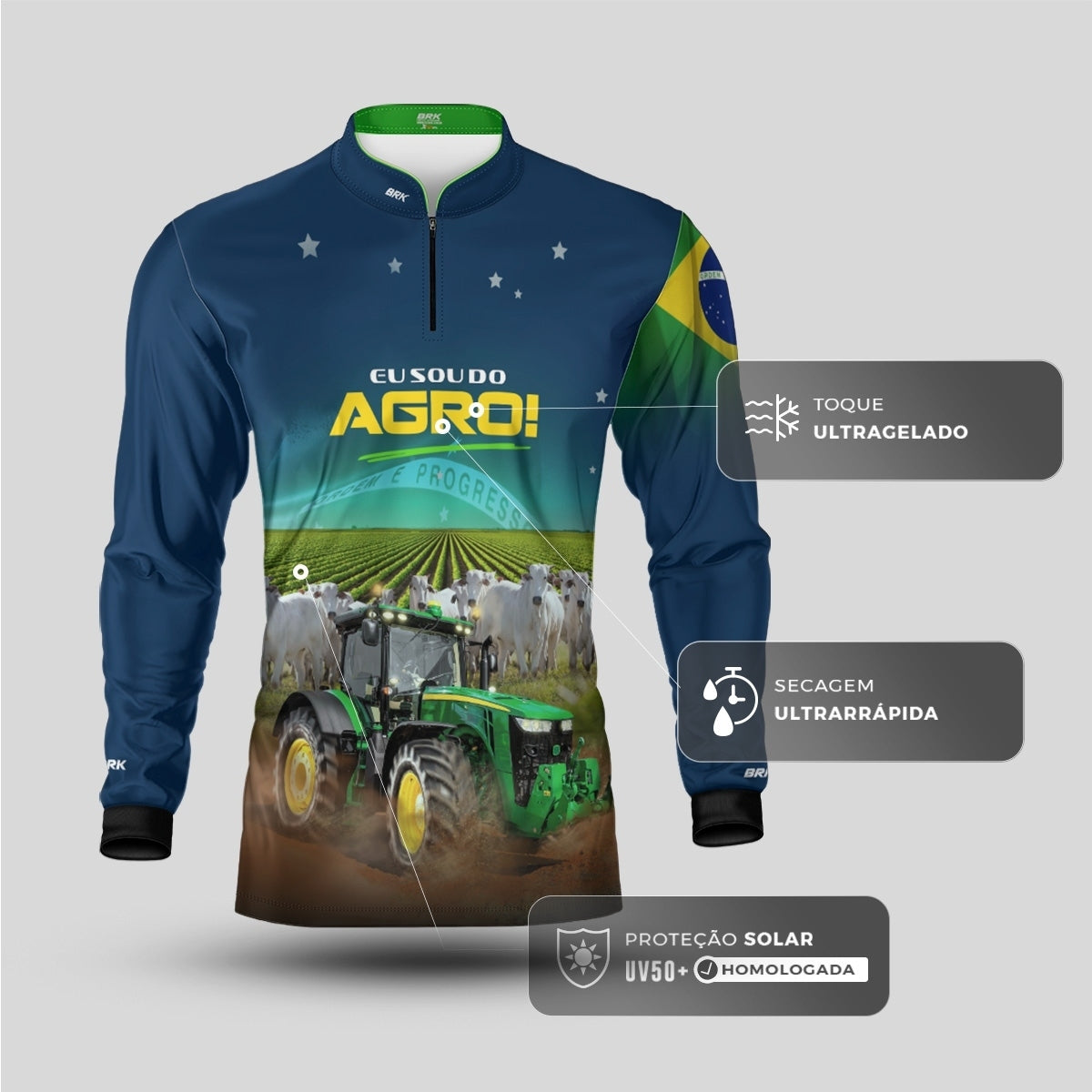 Camisa Agro Brk Eu Sou do Agro Trator e Nelore no Brasil com Proteção UV50 - Envio Imediato - Brk Agro