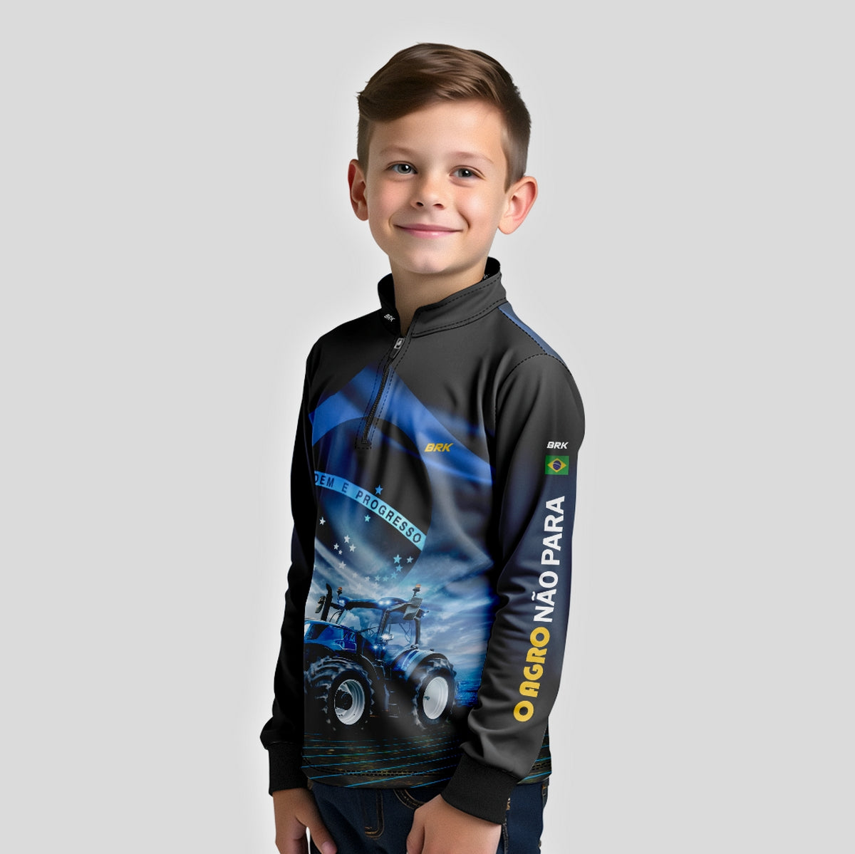 Camisa Agro Infantil Brk O Agro Não Para Azul Proteção Solar UV50+