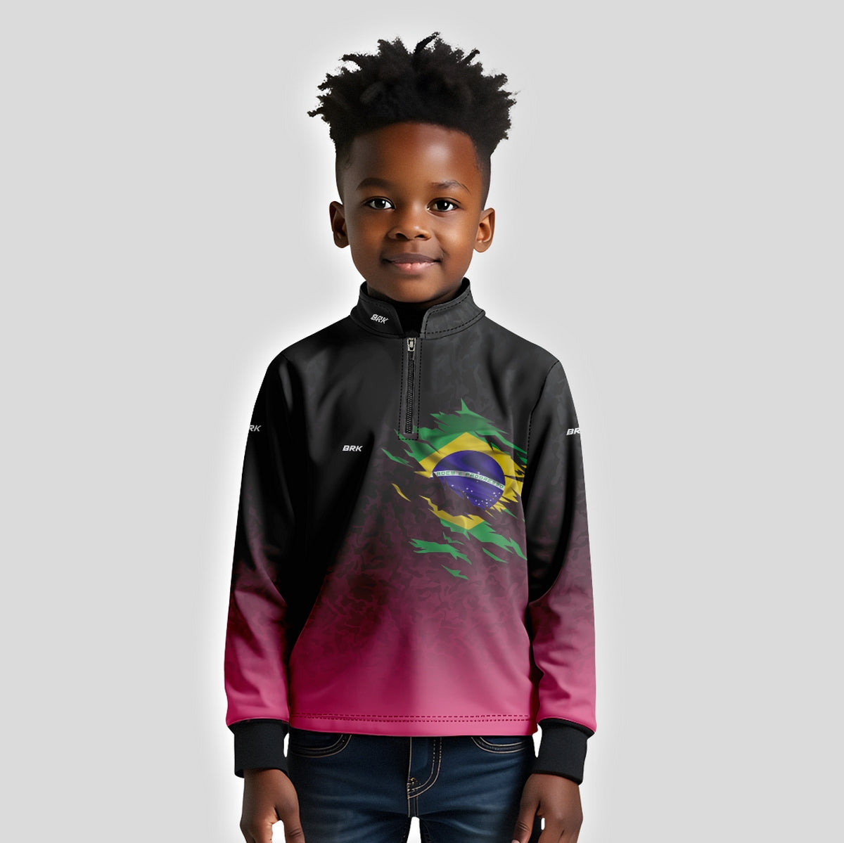 Camisa Infantil Agro Brk Camuflado Preto e Rosa Bandeira do Brasil com Proteção Solar UV50+