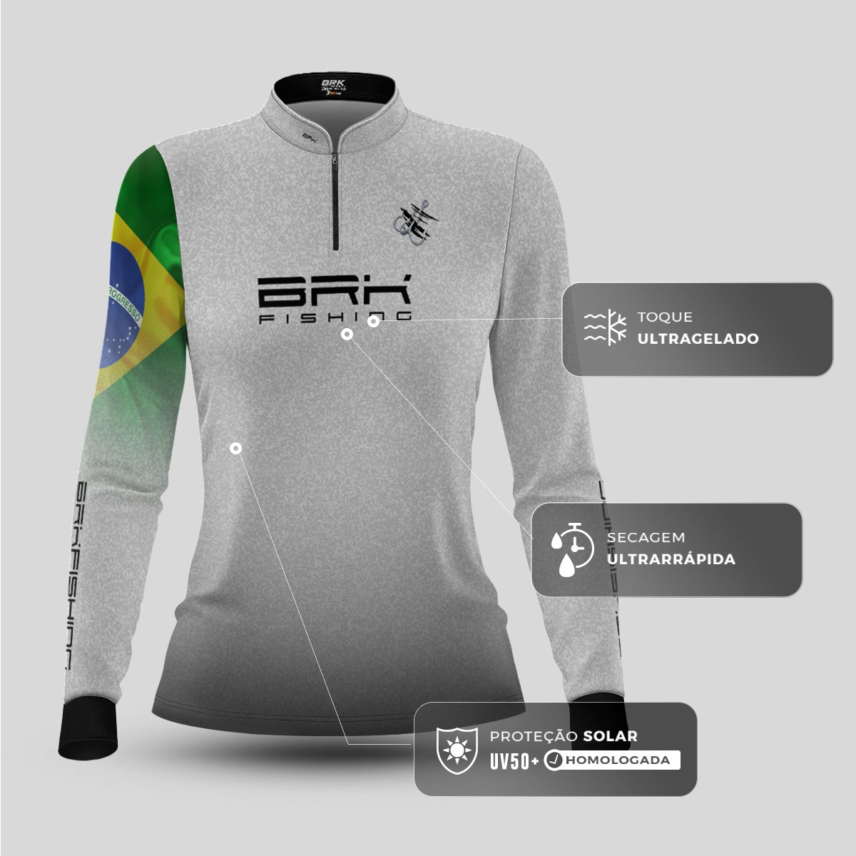 Camisa de Pesca Feminina Brk Branca Bandeira do Brasil Garateia com Proteção UV50+ - Brk Agro