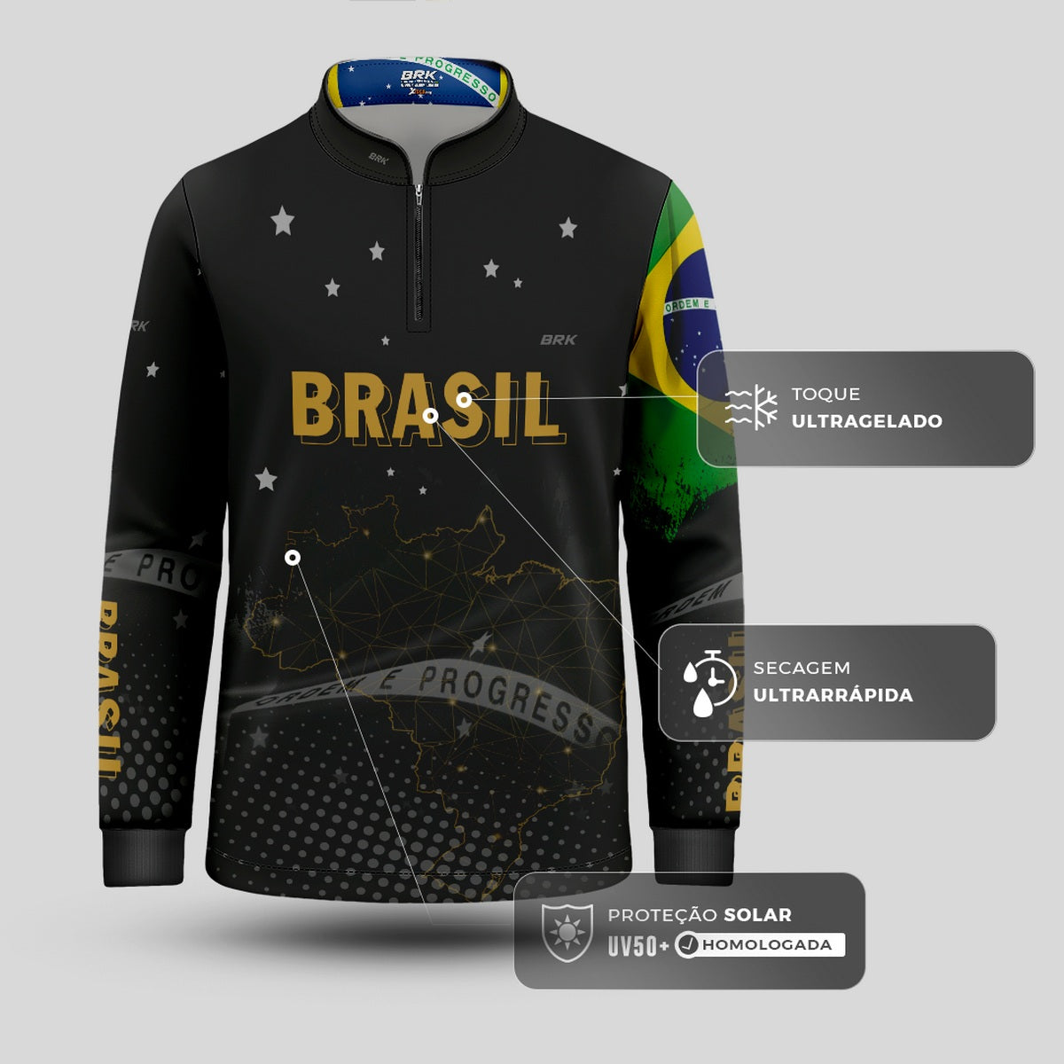 Camisa Infantil Brasil Preta com Proteção Solar UV50+ - Brk Agro