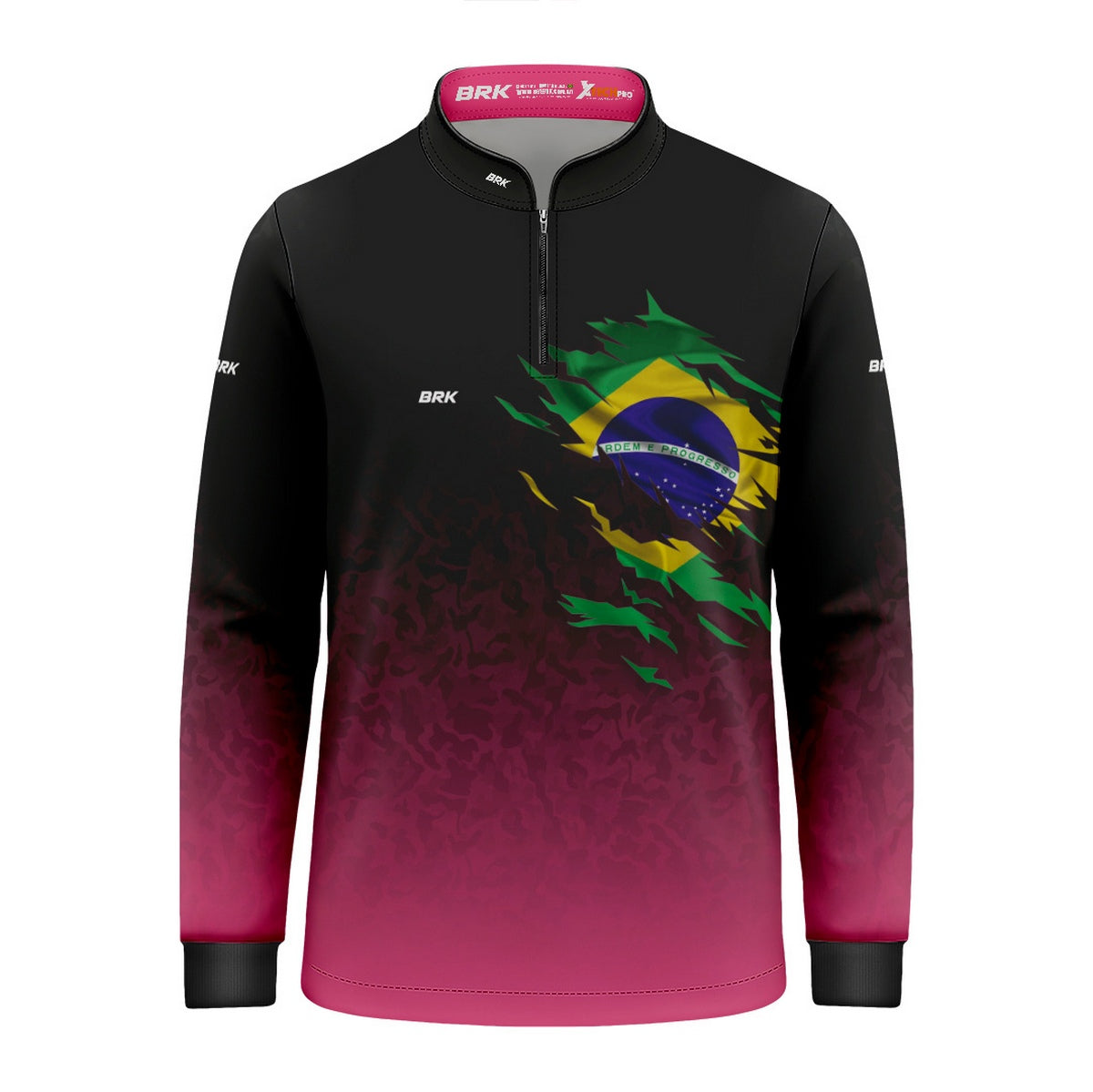 Camisa Infantil Agro Brk Camuflado Preto e Rosa Bandeira do Brasil com Proteção Solar UV50+