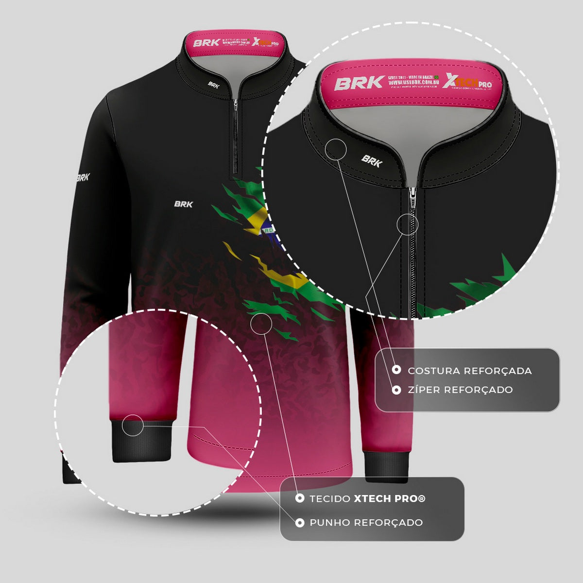 Camisa Infantil Agro Brk Camuflado Preto e Rosa Bandeira do Brasil com Proteção Solar UV50+