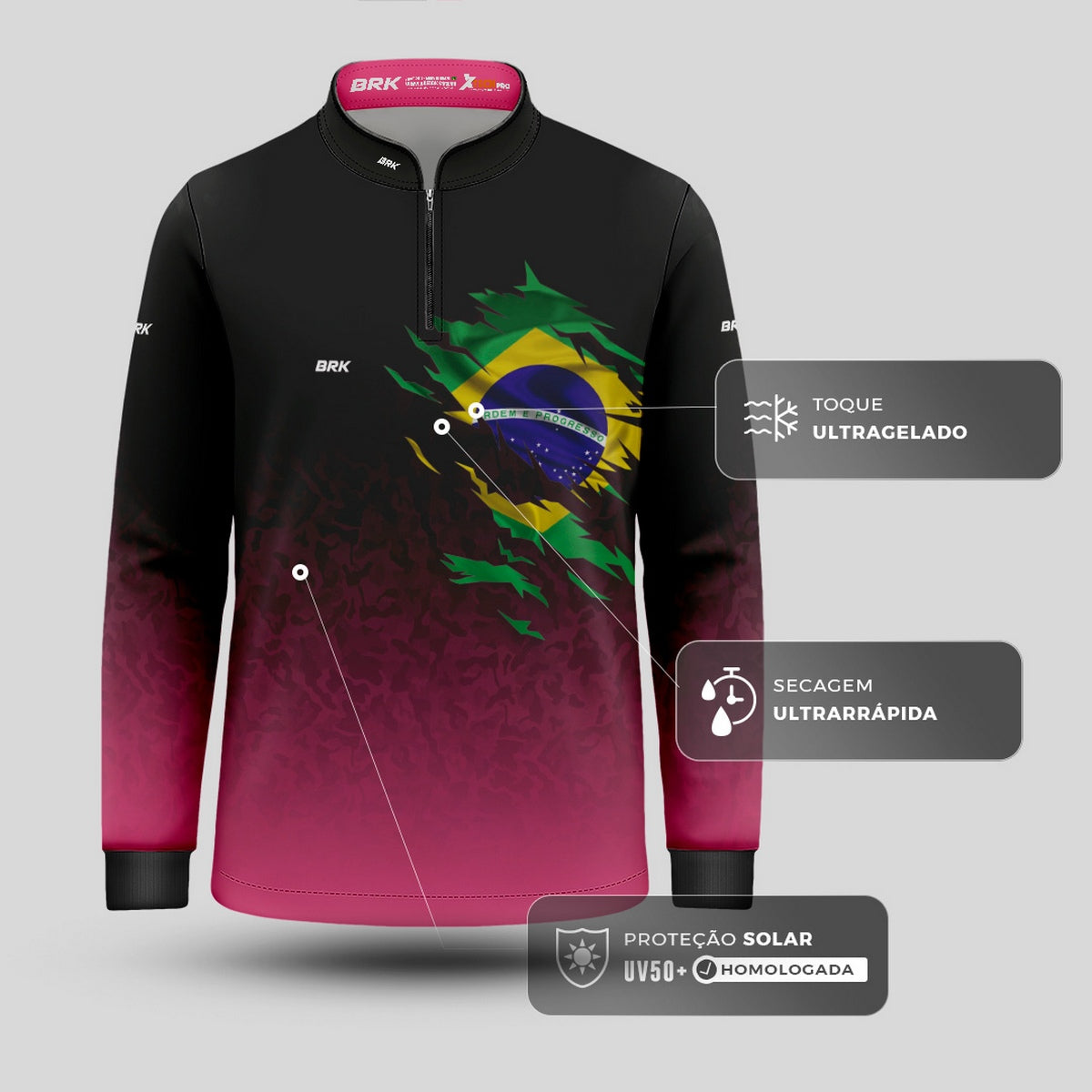 Camisa Infantil Agro Brk Camuflado Preto e Rosa Bandeira do Brasil com Proteção Solar UV50+