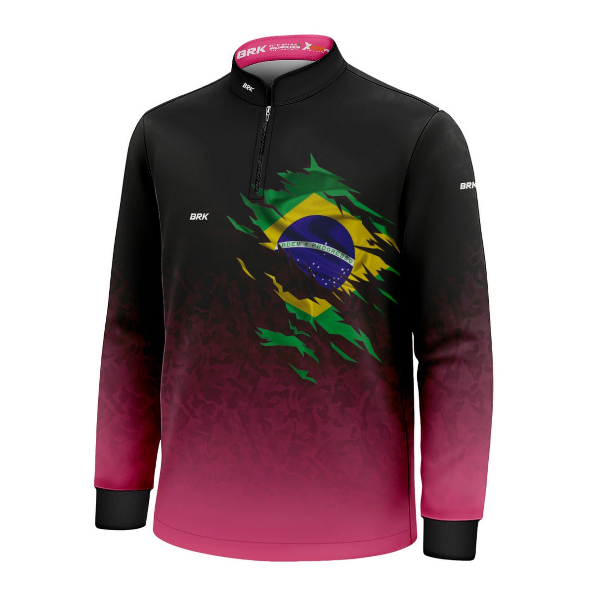 Camisa Infantil Agro Brk Camuflado Preto e Rosa Bandeira do Brasil com Proteção Solar UV50+