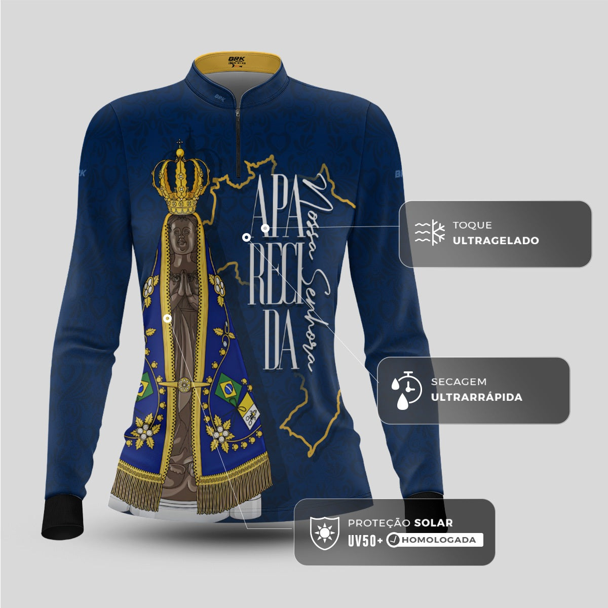 Camisa Feminina Agro Brk Nossa Senhora Aparecida com Proteção UV50