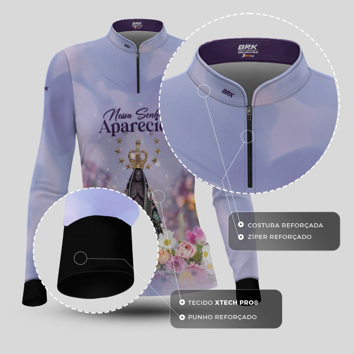 Camisa Feminina Agro Brk Roxa Nossa Senhora Aparecida com Proteção UV50