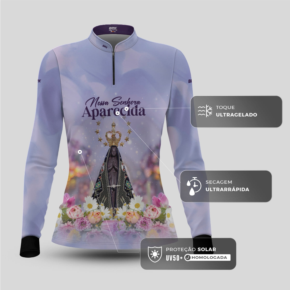Camisa Feminina Agro Brk Roxa Nossa Senhora Aparecida com Proteção UV50