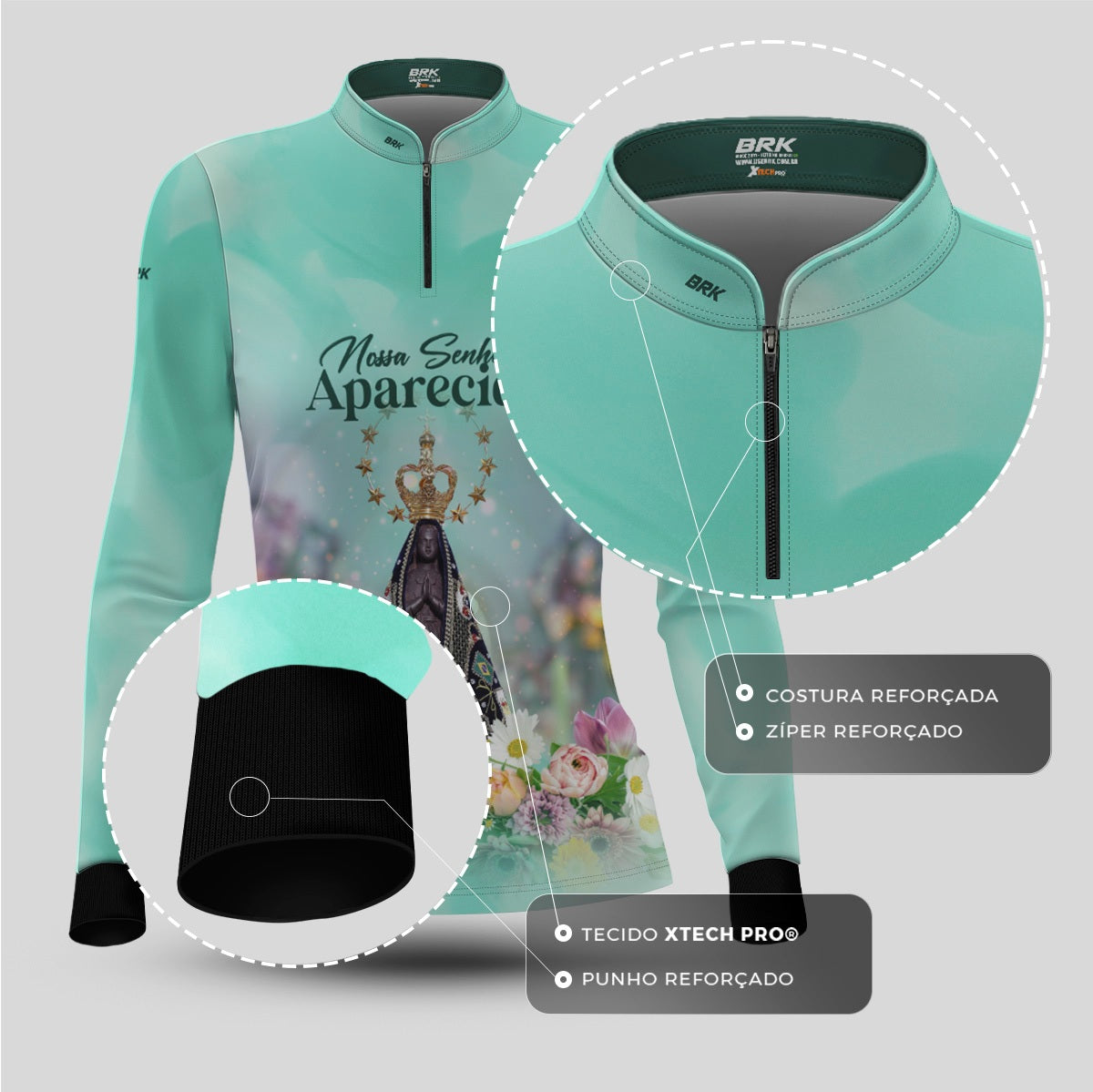 Camisa Feminina Agro Brk Verde Nossa Senhora Aparecida com Proteção UV50