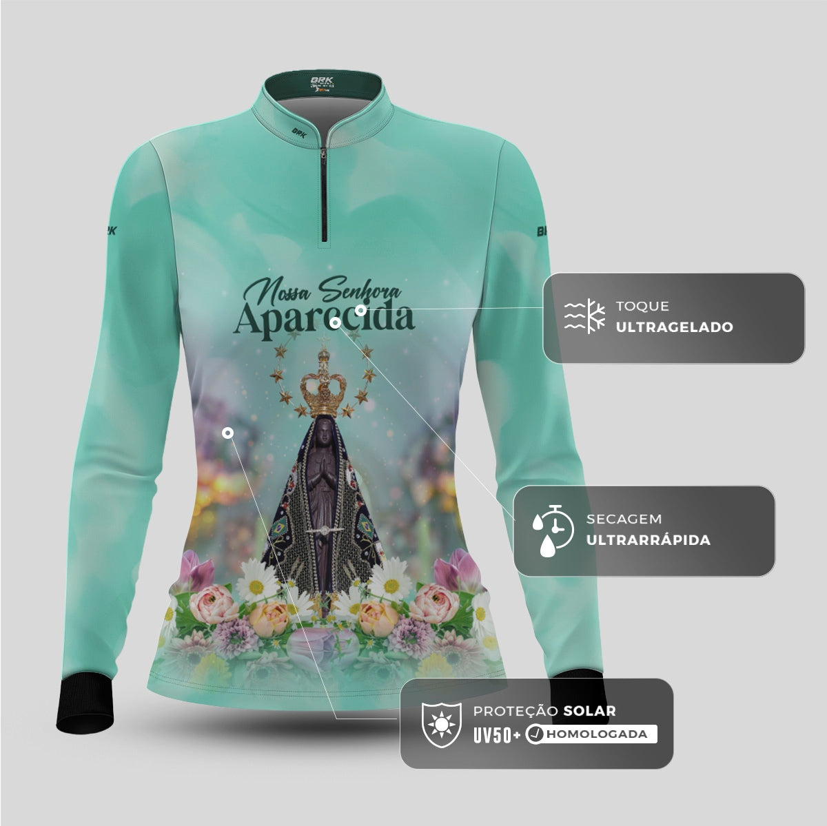 Camisa Feminina Agro Brk Verde Nossa Senhora Aparecida com Proteção UV50