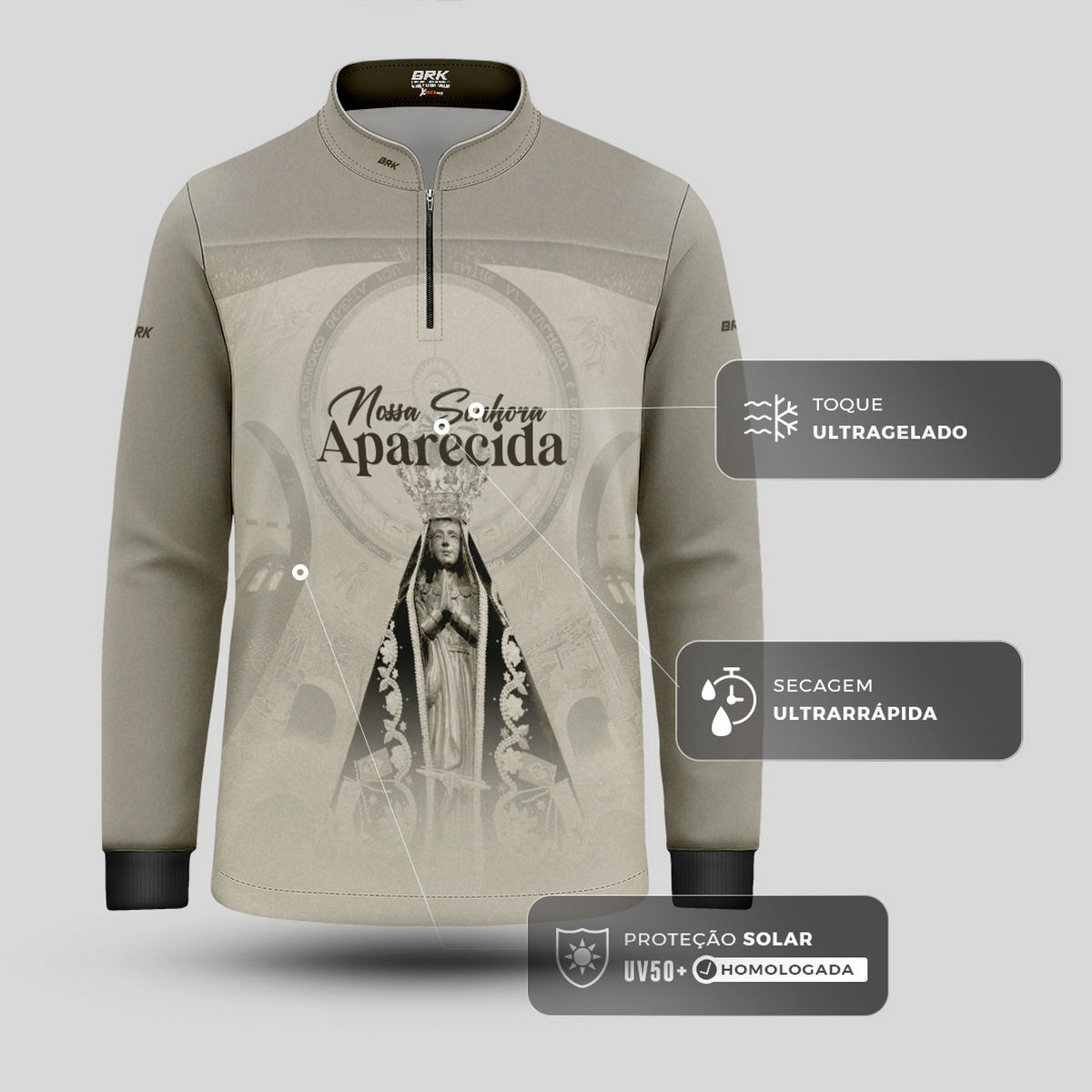 Camisa Infantil Agro Brk Bege Nossa Senhora Aparecida com Proteção UV50