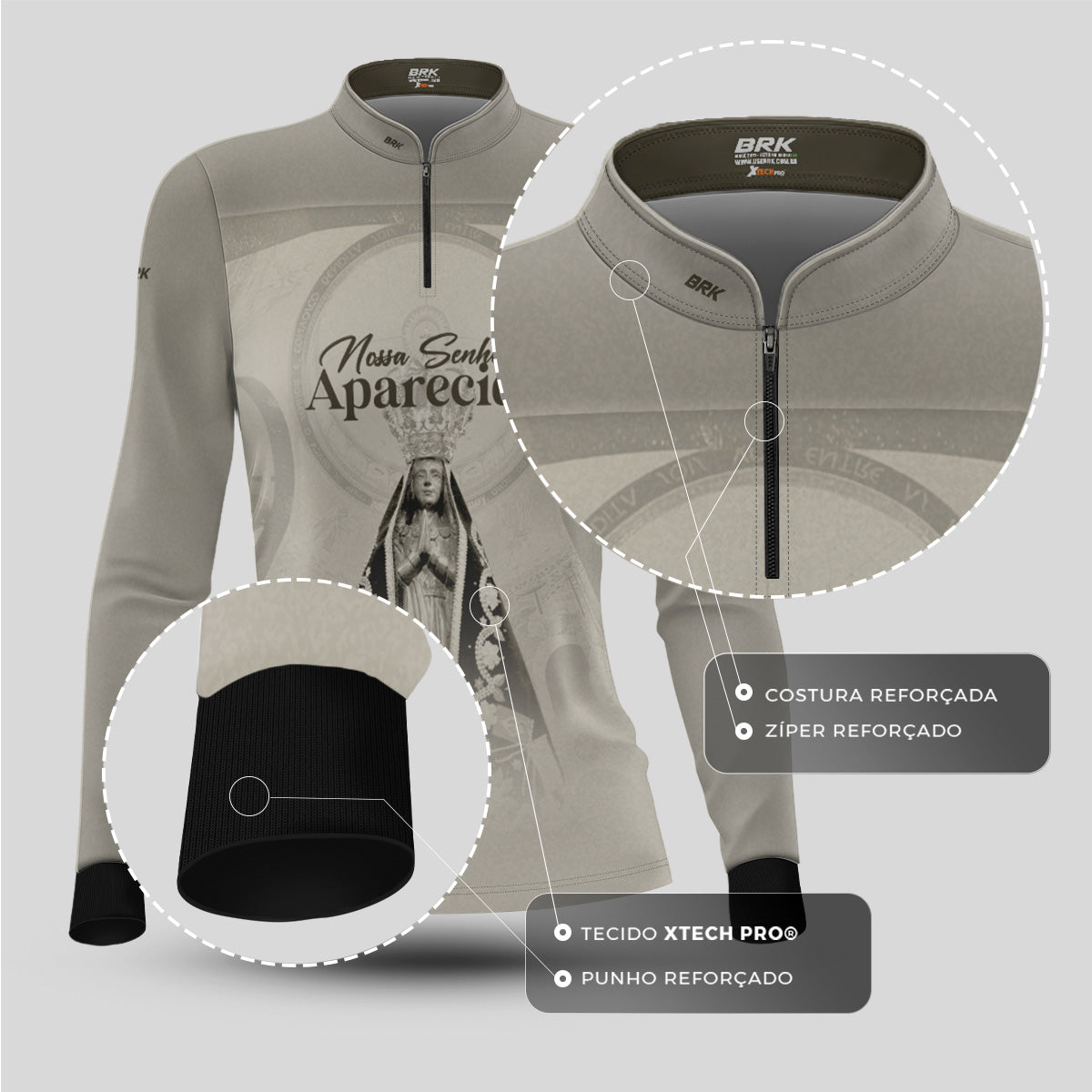 Camisa Agro Feminina Brk Bege Nossa Senhora Aparecida com Proteção UV50
