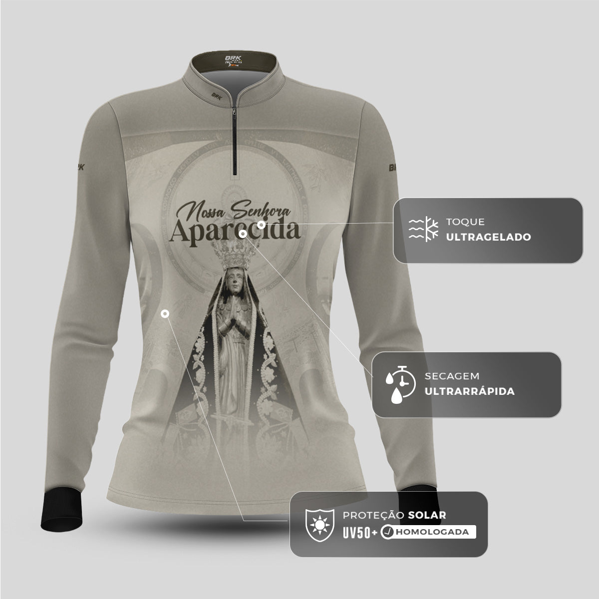 Camisa Agro Feminina Brk Bege Nossa Senhora Aparecida com Proteção UV50