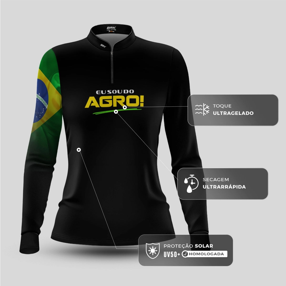 Camisa UV50 Agro Feminina Brk Eu Sou do Agro Preta Básica Bandeira do Brasil - Brk Agro