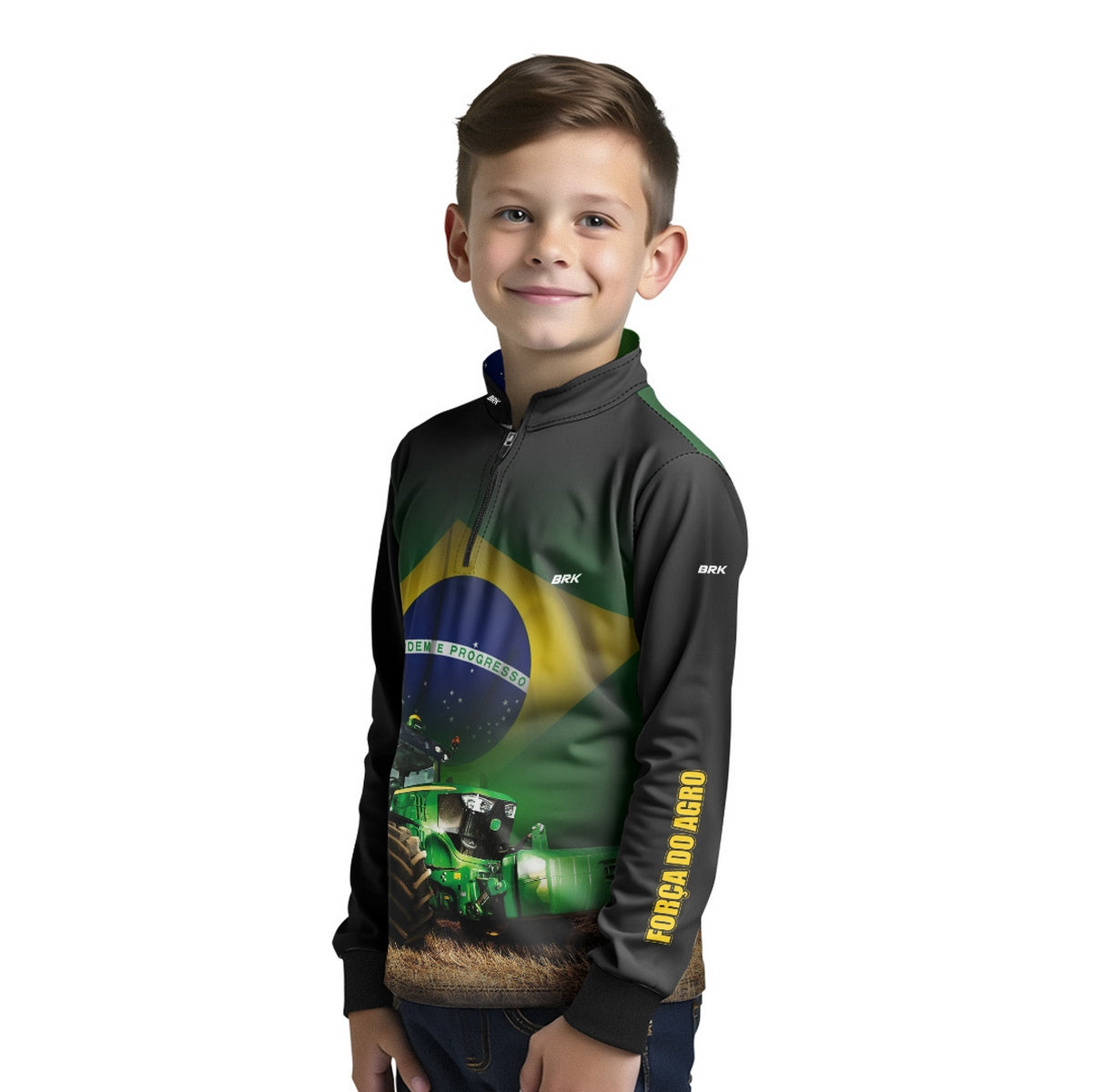 Camisa Infantil Agro Brk Trator Verde Brasil com Proteção Solar UV50+