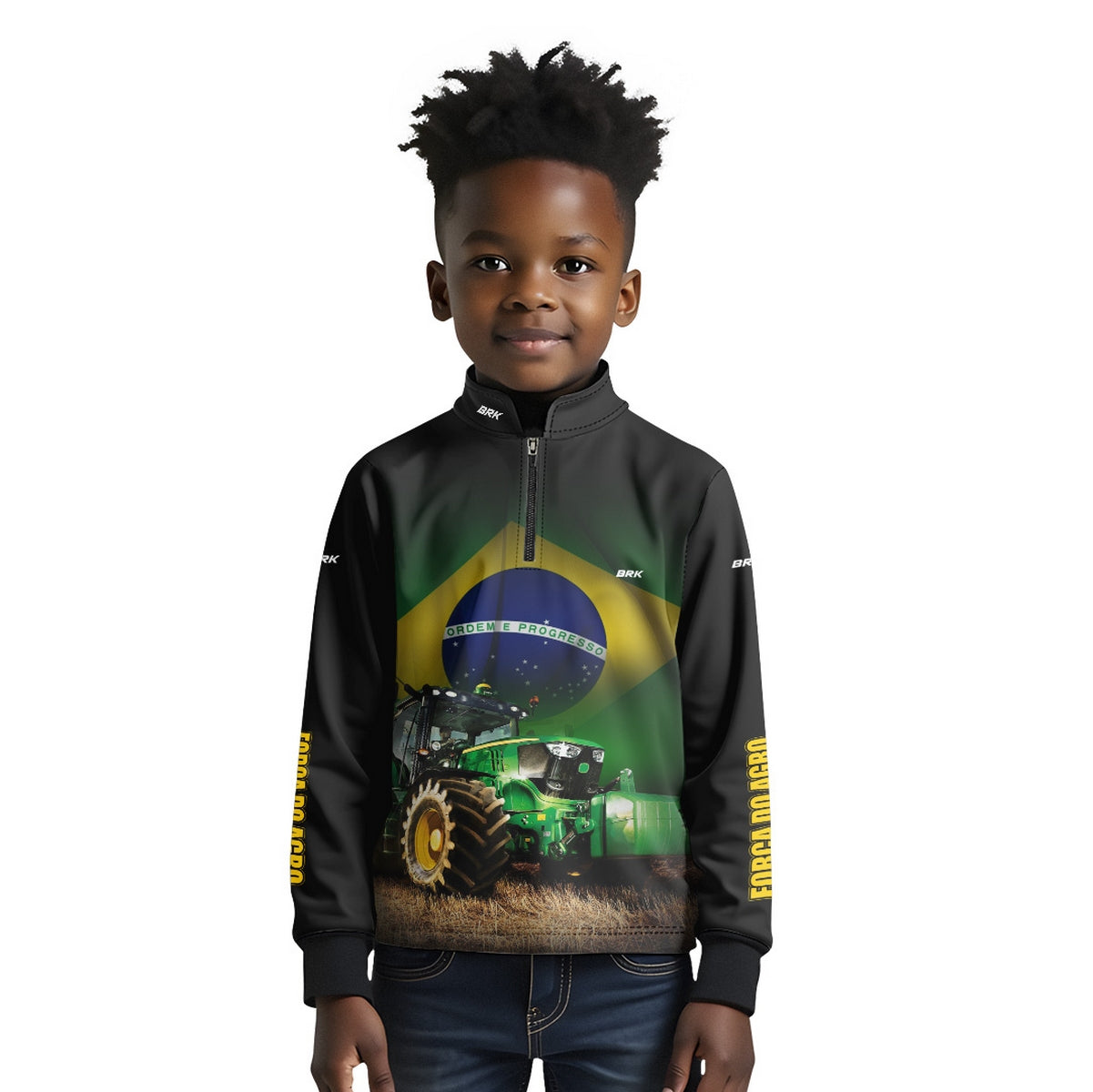 Camisa Infantil Agro Brk Trator Verde Brasil com Proteção Solar UV50+