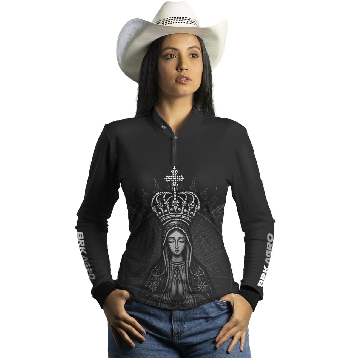Camisa Feminina Agro Brk Feminina Preta Nossa Senhora com Proteção Solar UV50+ - Brk Agro