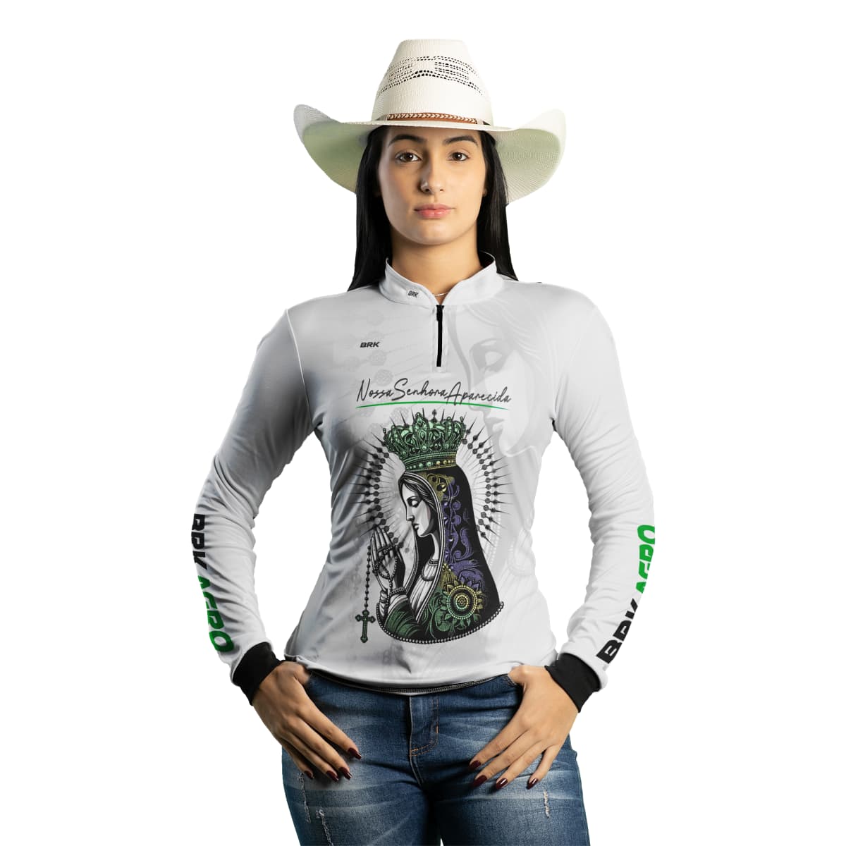 Camisa Feminina Agro Brk Feminina Branca Padroeira com Proteção Solar UV50+ - Brk Agro